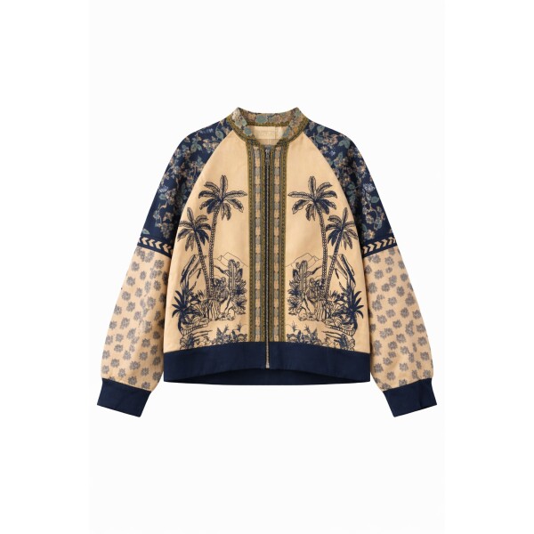 Stylish denim blue suedette bomber jacket with floral and palm tree print. Soft stretch fabric, zip front and V-shaped mandarin collar. Made in Italy.