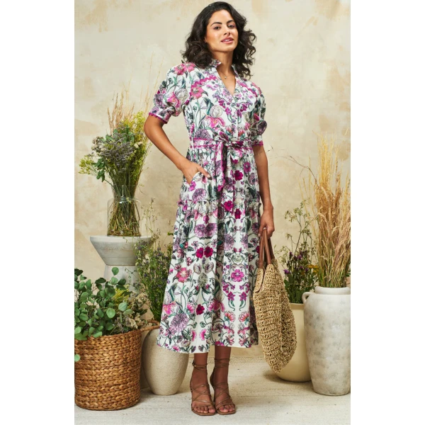 Angela pink and cream floral midi dress with tiered skirt