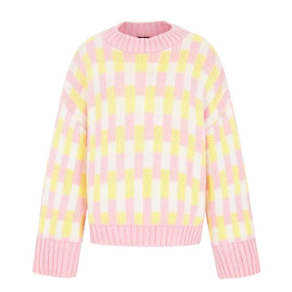 Charlotte oversized jumper in pastel pink yellow and white geometric stripe knit