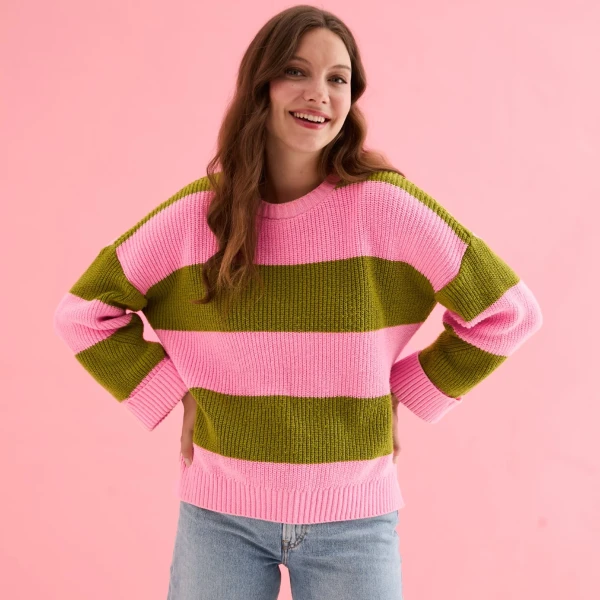 Pink and olive green oversized striped jumper with rib knit texture