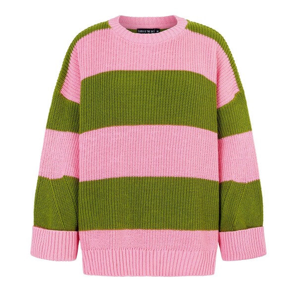 Colourful fisherman rib stripe jumper with side splits and turn-up cuffs