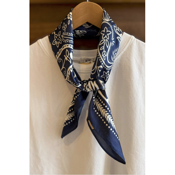 Navy square neck scarf with white paisley print tied at the neck on a white top, silk blend 70x70cm classic neckerchief styling