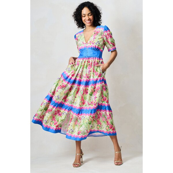 Hope and Ivy Jo Midi Dress blue pink floral tea dress front view