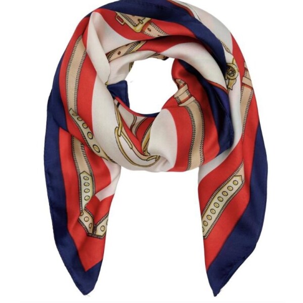 Square neck scarf in red white and blue with equestrian chain print
